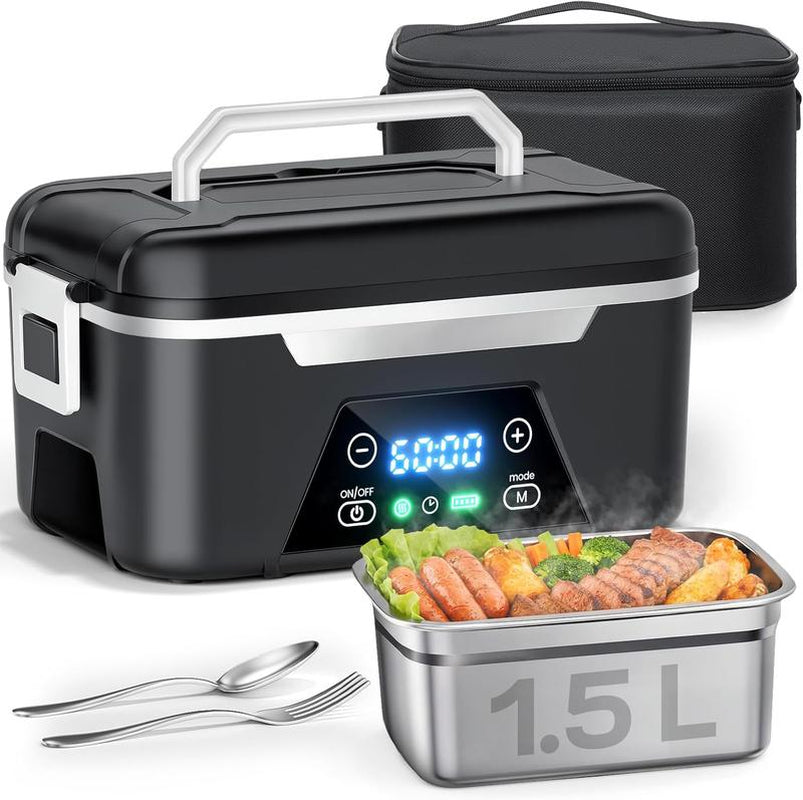 Cordless Heated Lunch Box for Adults, 1.5L (6 Cups) Rechargeable Electric Lunch Box Battery Powered with Scheduled Heating, Automatic Heating,Portable Food Warmer with Insulated Bag (Black)
