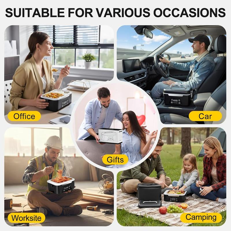 Cordless Heated Lunch Box for Adults, 1.5L (6 Cups) Rechargeable Electric Lunch Box Battery Powered with Scheduled Heating, Automatic Heating,Portable Food Warmer with Insulated Bag (Black)