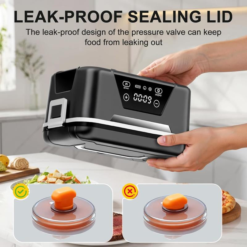 Cordless Heated Lunch Box for Adults, 1.5L (6 Cups) Rechargeable Electric Lunch Box Battery Powered with Scheduled Heating, Automatic Heating,Portable Food Warmer with Insulated Bag (Black)